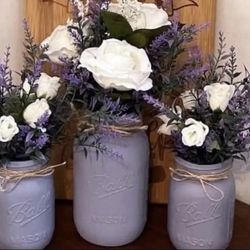 LAVENDER WHITE ROSES chalk painted distressed mason jars faux flowers floral