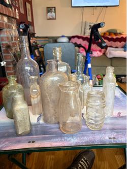 14- assorted glass bottles vintage