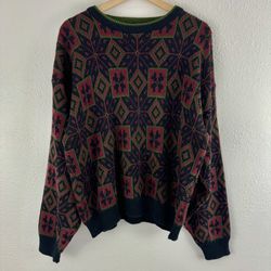 Vintage 90s Coogi Vibes Red Multicolor Striped Grandpa Oversized Chunky Sweater