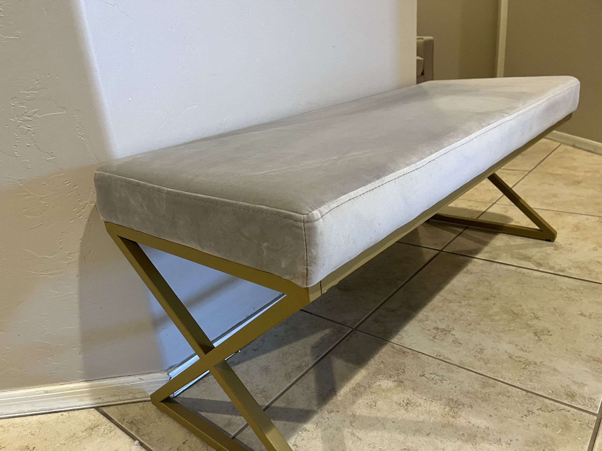 New Gray velvet Bench With Gold Metal Frame 