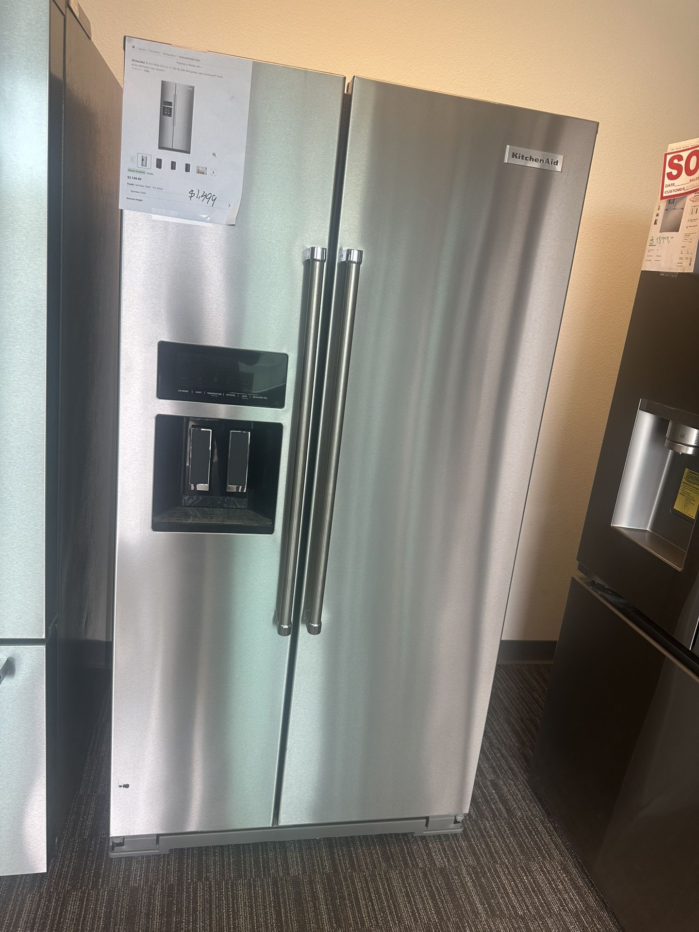KitchenAid refrigerator, stainless steel side-by-side counters depth