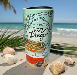 Starbucks San Diego CA Ceramic Travel Tumbler Surf VW Van Beach Cup 2021- NEW!