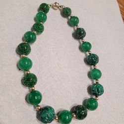 Chinese Jade & Malachite? Beads Neckalce With 14k Gold Hook And Beads 