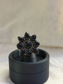 Black Onyx Cluster Ring | Adjustable Silver-Tone Statement Ring