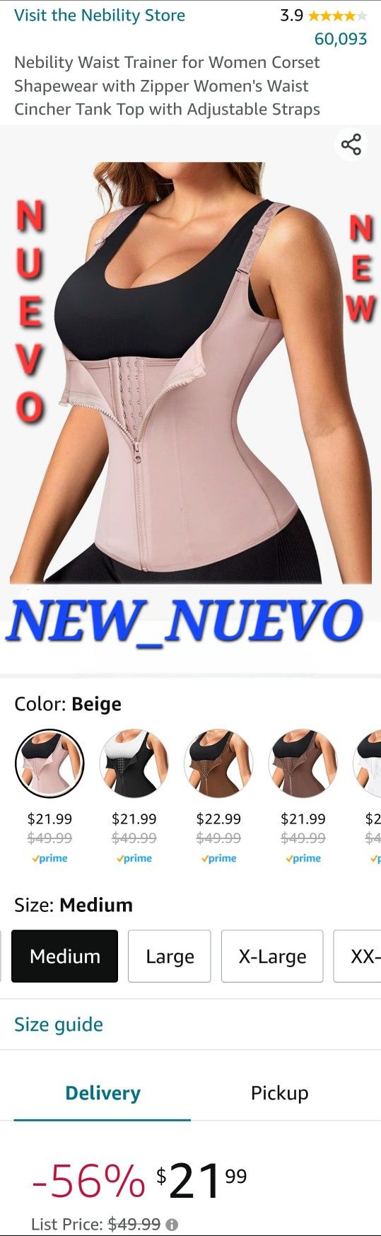 Waist Trainer for Women, Corset Shape Wear  w/ Zipper & Adjustable Straps, Size: MEDIUM, Color: BEIGE