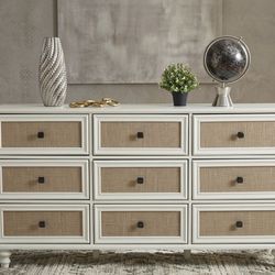 Beautiful White Farmhouse 9 Drawer Rattan Dresser 