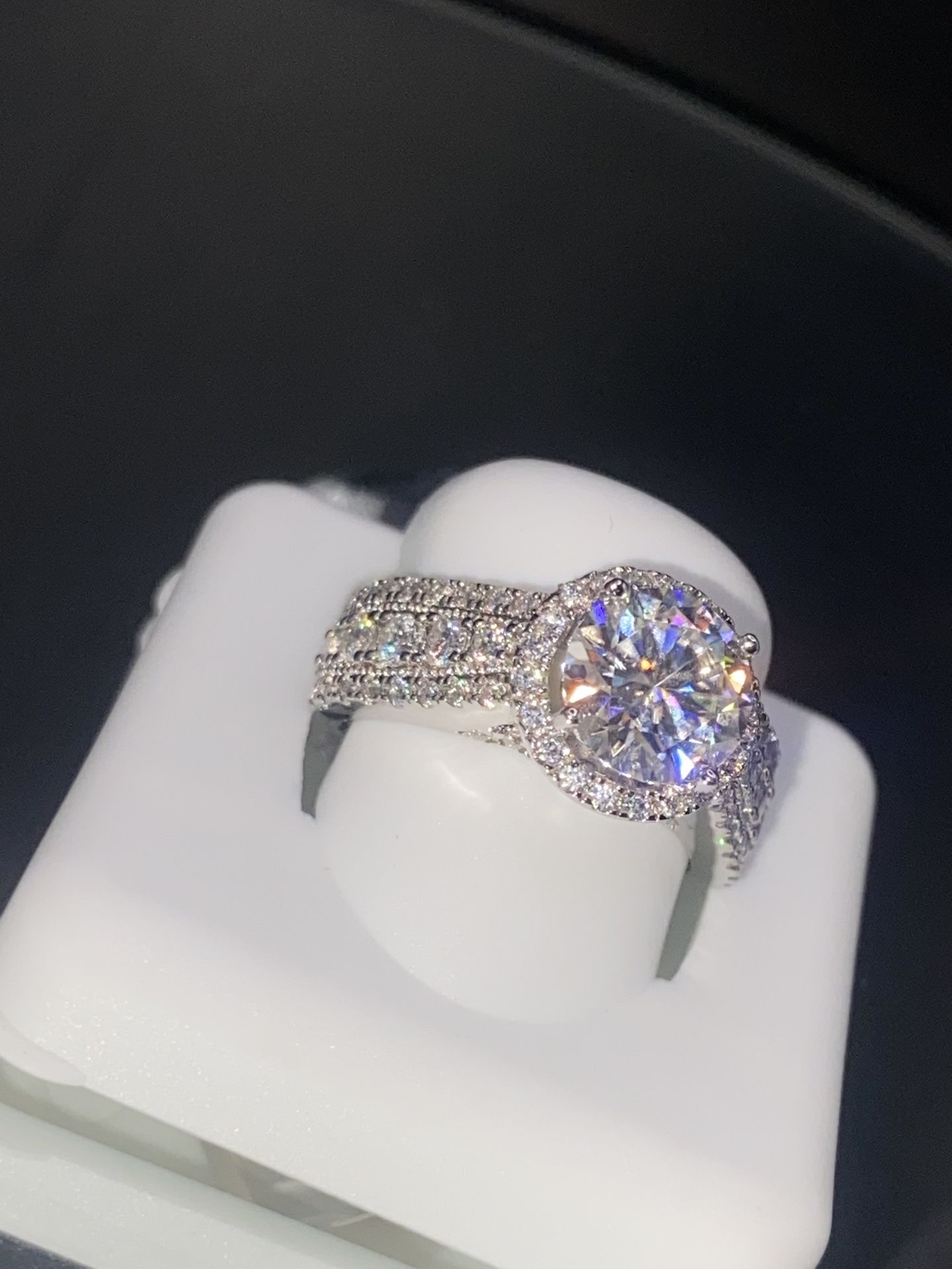 Size 6 White Gold Moissanite Ring with Bold Centerstone and Tapered Design