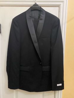 NEW CALVIN KLEIN BLACK TUXEDO 100 % WOOL SIZE 44 PANTS FREE SHIRT BOW TIE