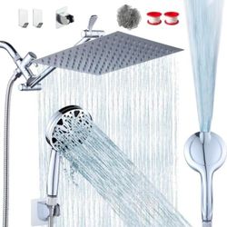 10'' High-Pressure Rainfall Shower Head & Handheld Combo - 8+2 Modes Stainless Steel Chrome Finish 11'' Adjustable Extension Arm Height/Angle with Hol