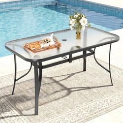 30"X 55" Rectangular Glass Table with 1.69″ Umbrella Hole Outdoor Dining Table for 6, with Powder-coated Metal Frame, 5mm Thickened Glass, 220LBS, All