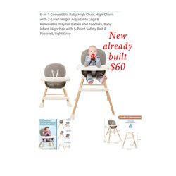 New already built 6-in-1 Convertible Baby High Chair, High Chairs with 2-Level Height Adjustable $60