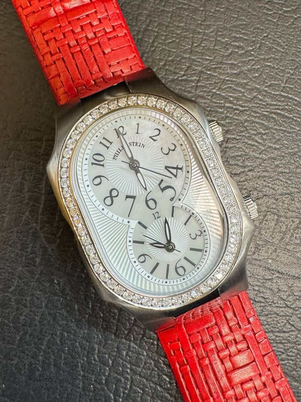philip stein signature watch MOP dial diamond bezel red wicker strap
