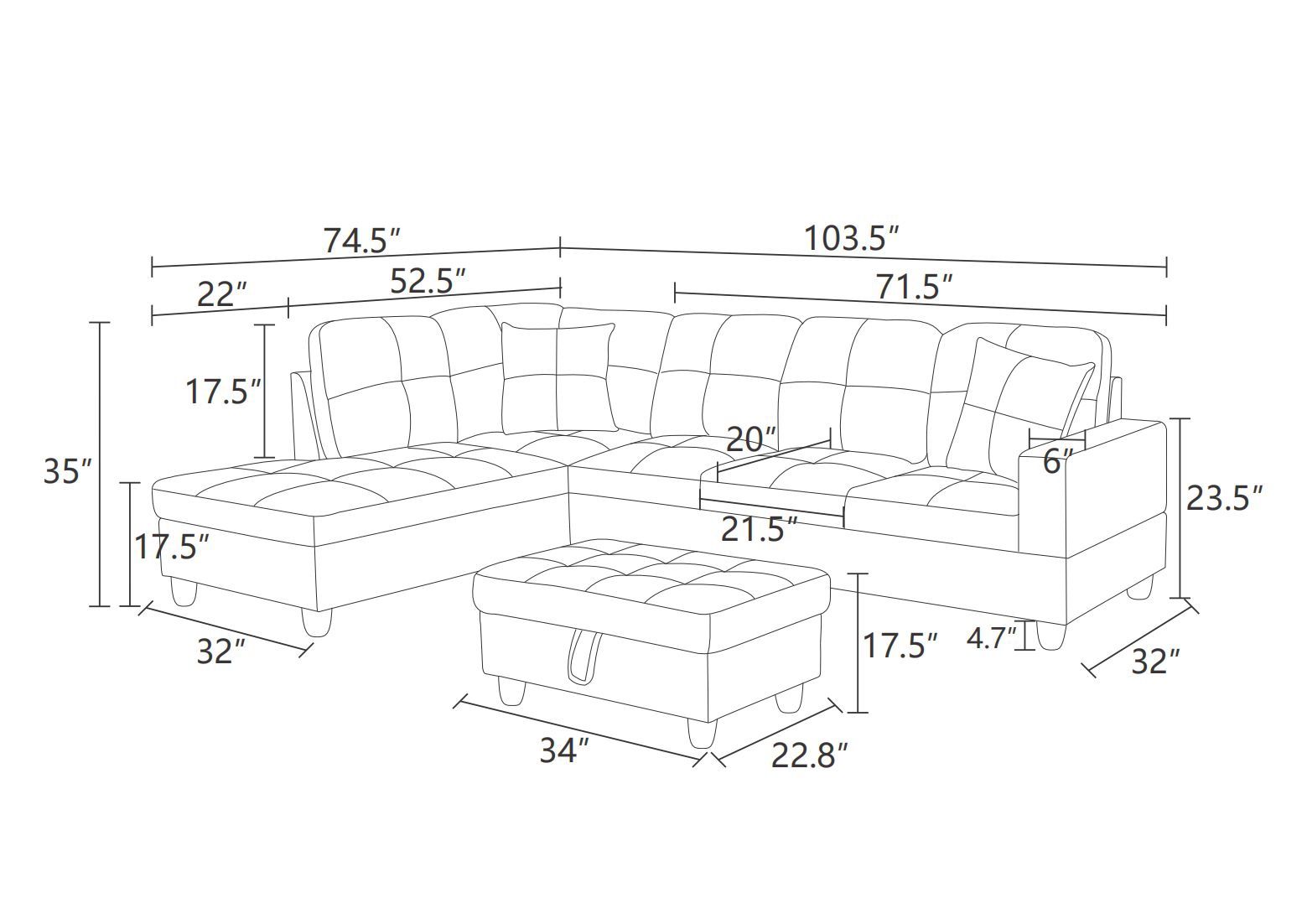 New Sectional + Storage Ottoman — Left or Right Chaise — Delivery Available