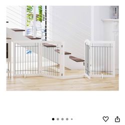 Minor damage shown in pixs comes with two stabilization feet.  SPIRICH 96-inch Extra Wide 30-inches Tall Dog Gate with Door Walk Through, Freestanding