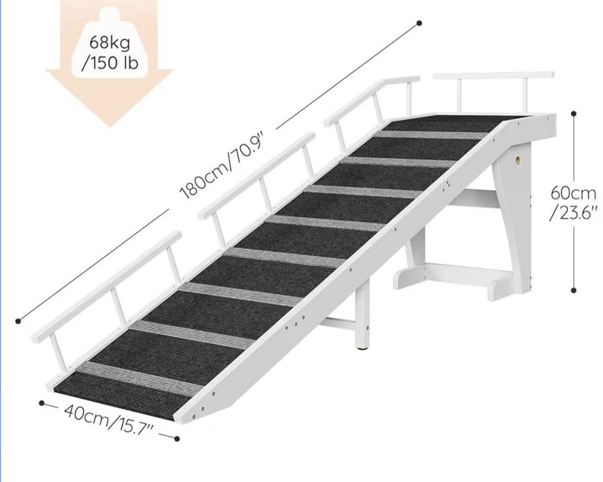 ✌️ Dog Ramp for Bed, Large Wooden Pet Ramp for Dogs with Non-Slip Carpet Surface, Safety Rails, and Top Platform, 70.9" x 15.7" x 23.6"