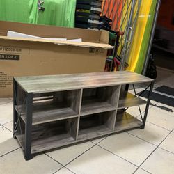 TV STAND WITH 6 STORAGE CABINETS  Color Grey Material Engineered wood Recommended Uses for Product Arts and crafts, Entertainment media Product dimens