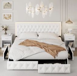 KING SIZE LED Platform Bed, PU Upholstered Bed with Storage Drawers, RGB Lighting & Music Sync, Adjustable Headboard, No Box Spring Needed, Easy Assem