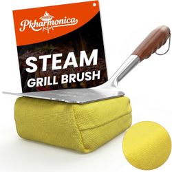 Grill Brush Bristle Free w/Replaceable Yellow Head, Enamel Safe, 17" Long Handle Grill Cleaner for Outdoor BBQ & Griddle, MAX Stainless Steel Scraper,