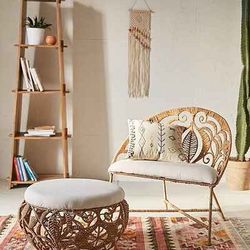 Beige/White Wrought Iron and Handwoven Seagrass Tiara Accent Lounge Chair