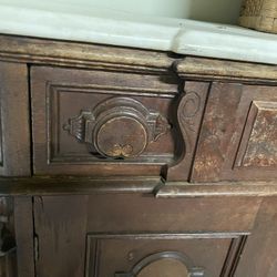 Antique 1920s Solid Wood Nightstand / Marble Top Cabinet
