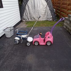 1 Childrens Bike With Handle For Adults To Push Toddler $15 And A Pink Push Car For Toddler Little Girl $20