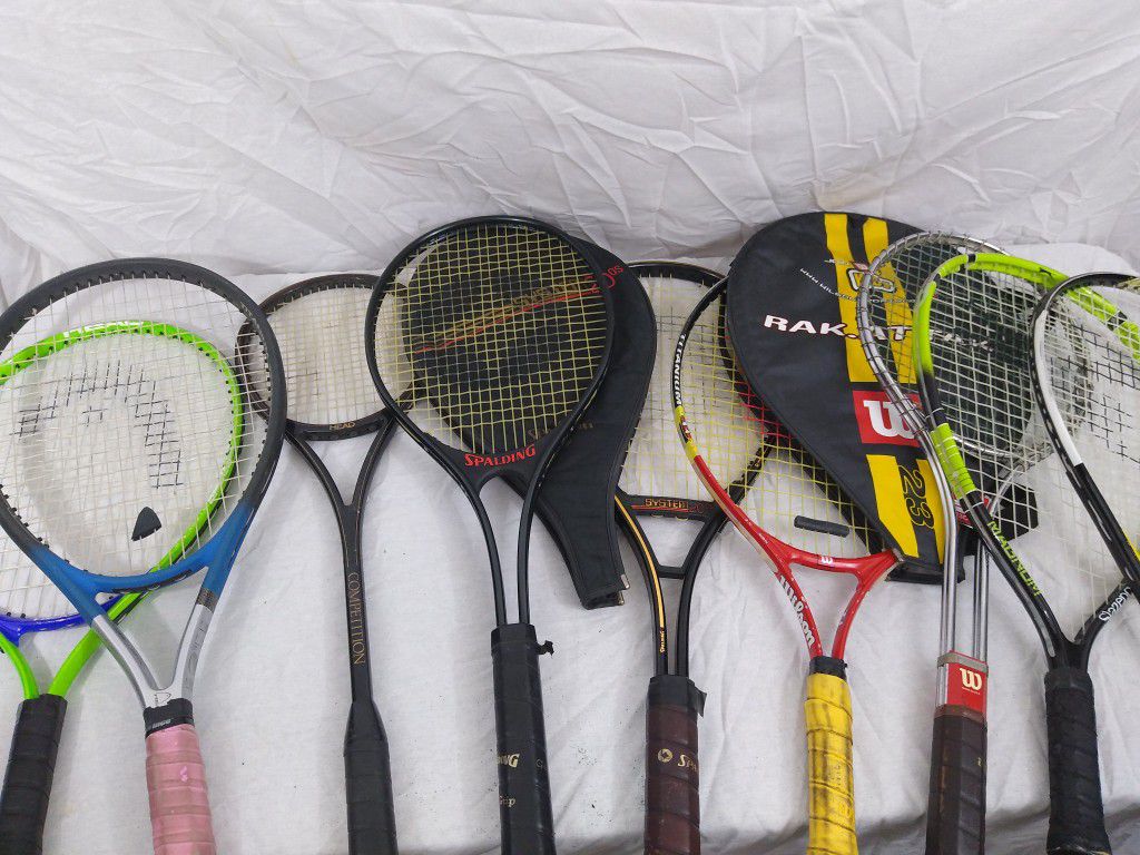 Lot of 9 Tennis Rackets Spalding Cowhide Grip Wilson Slazenger Head Racquets