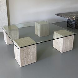 1970s Travertine Cube and Glass Top Coffee Table 