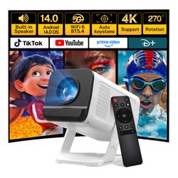 Mini Projector with WiFi 6 and Bluetooth 5.4 Built-in Apps for Bedroom Portable Projector Android 14 Smart Auto Keystone 1080P 4K Support Compatible w