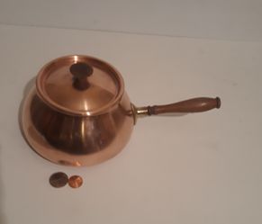 Vintage Metal Copper and Brass Cooking Pot, Lid, Wooden Handle, Made in Portugal, 11" Long and 6" x 3 1/2" Pan Size, Home Decor, Shelf Display Thumbnail