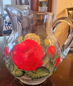 Hand-Painted Glass Pitcher with Floral Design
