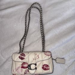COACH Shoulder Bag Kiss Print White/Pink Leather Chain Shoulder Women
