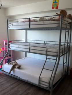 Silver Metal Triple Bunk Bed Frame