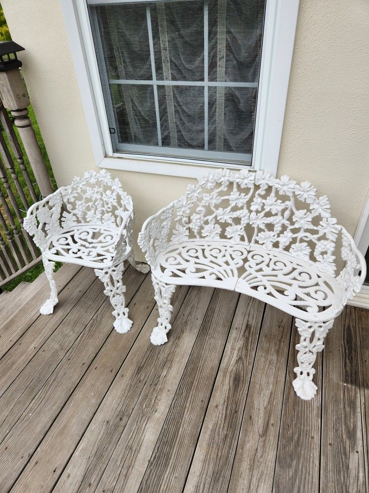 Vintage Cast Iron Garden Set Antique Grape Loveseat Bench & Chair ORIGINAL, NEVER KEPT OUTDOOR!