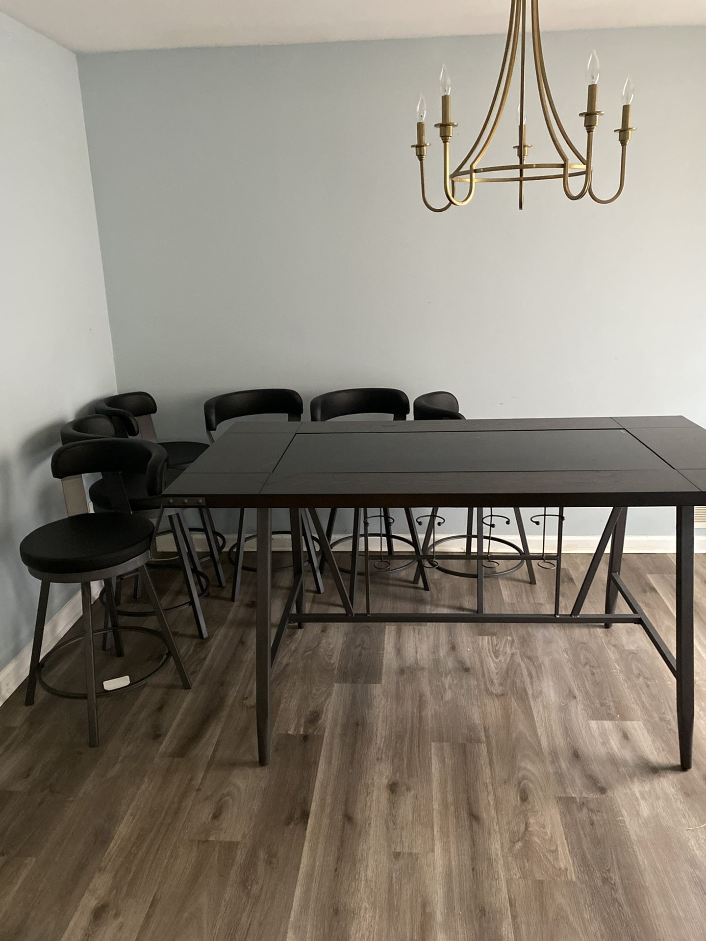 2024 Hardwood And Glass Dining Table And 6 Real Leather Chairs With Integrated Wine Bottle And Glass Storage Originally $2000