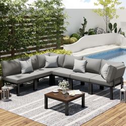Outdoor Patio Furniture Set, 7 Piece Metal Patio Sectional Conversation Sofa, Black Wrought Iron