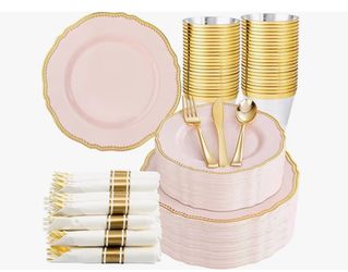 (707070-33) 350pcs Pink and gold Plastic Plates - Pink Plastic Dinnerware Set Includes 50 Dinner Plates, 50 Dessert Dinnerware, 50 Cups, 50 Rolled Nap