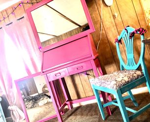 Secretary Desk/Vanity With Two Mirrors + Refinished Antique Chair 🩷