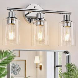 3-Light Bathroom Light Fixtures, Chrome Bathroom Wall Light with Clear Glass Shade, Bathroom Wall Lamp for Mirror Kitchen LivingReg. List Price $74.99