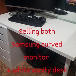 Samsung Curved Monitor & White Vanity Desk