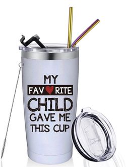 *NEW IN BOX* 20oz Glitter White Stainless Steel Tumbler, “My Favorite Child Gave Me This Cup”, Included 2 lids (flip up and slide open), 2 metal straw