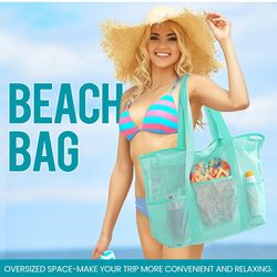 Mesh Beach Bag, Large Bag with Zipper Beach Bags for Women Waterproof Sandproof with 5 Pockets Green