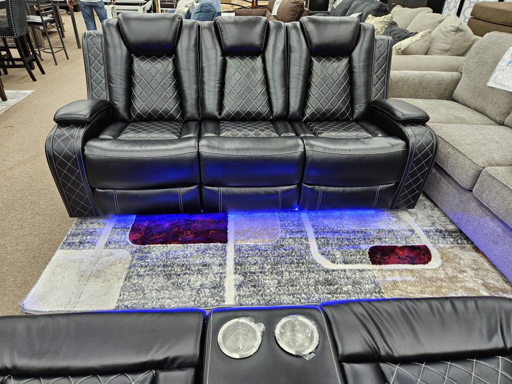 New Black Bonded Leather LED Lighted Electric Motion Recliner 2 PC Sofa Loveseat