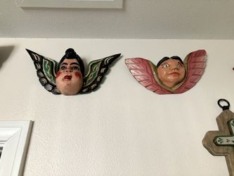 Mexican Folk Art Hand Carved and Painted Double Angel