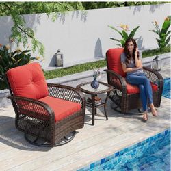 3 Pieces Patio Furniture Set, Patio Swivel Rocker Chairs Set of 2, Wicker Outdoor Bistro Set with Rocking Chair, Thickened Cushions and Table for Porc