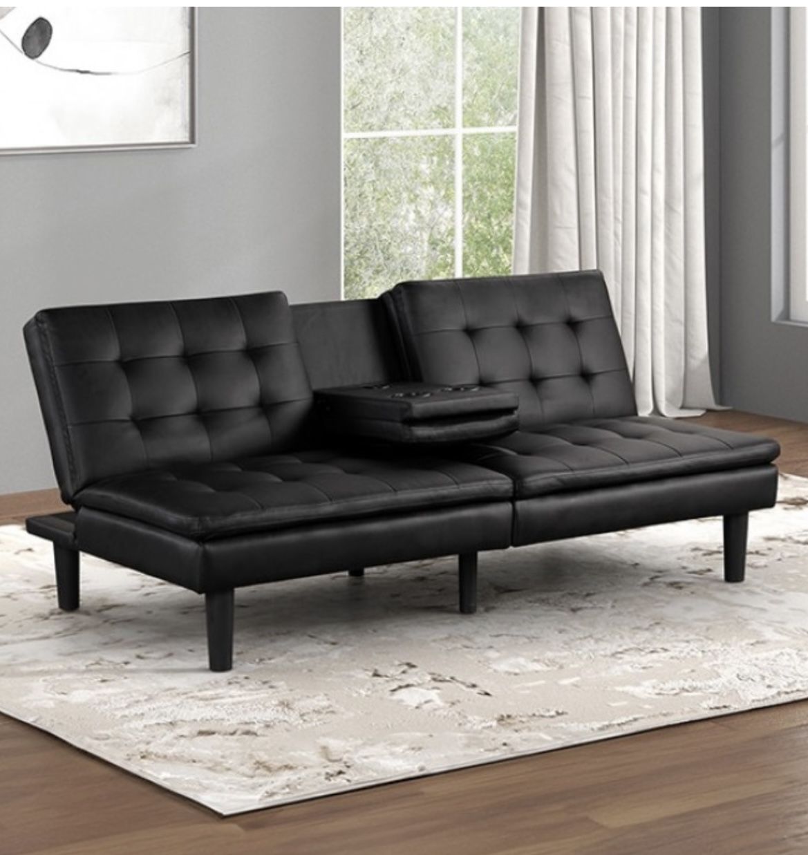 FM2908BK Eidsberg black faux leather folding futon sofa bed with drop down center cup holder and USB Plug