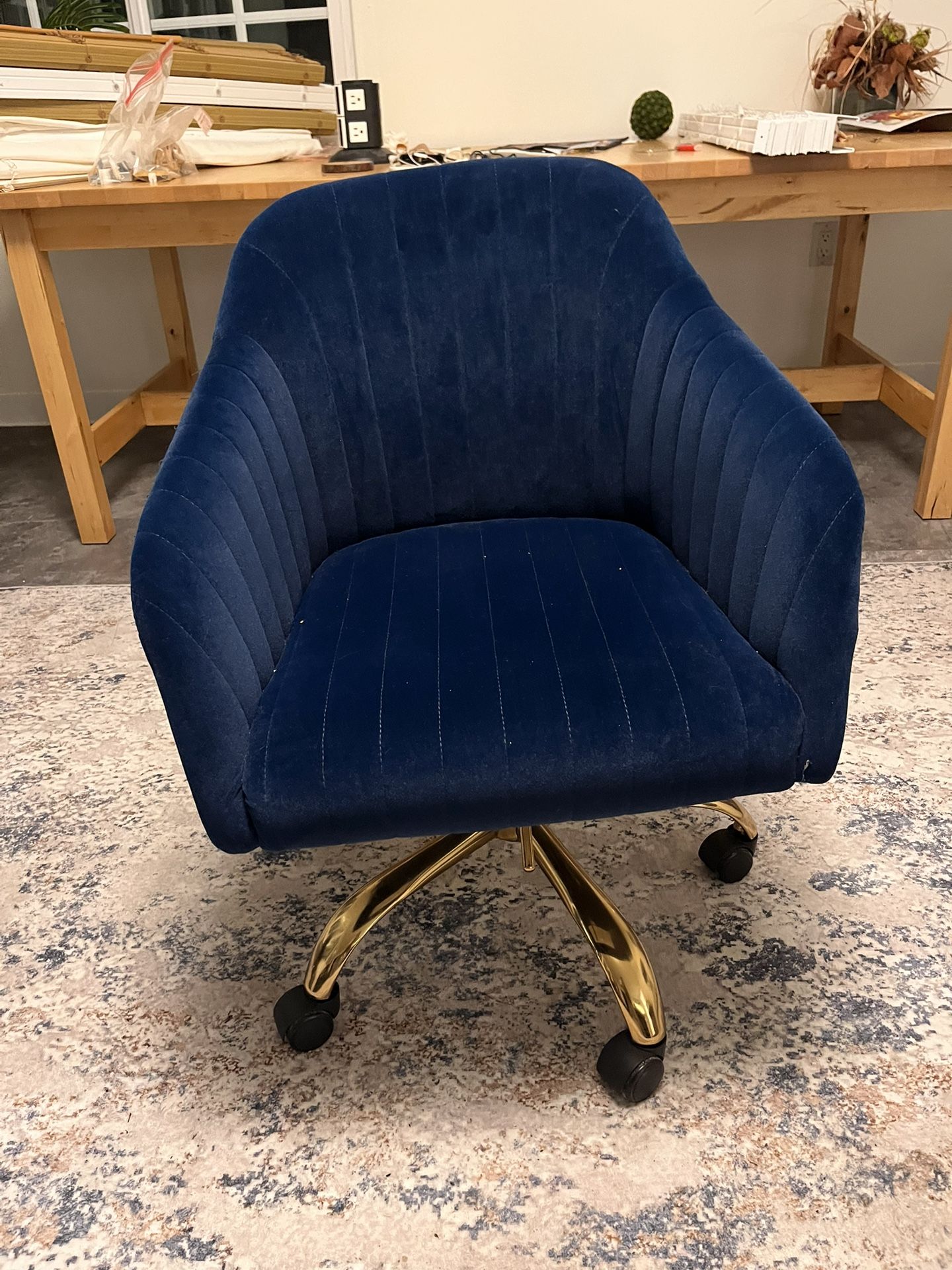 Velvet Office/Vanity Chair – Navy Blue w/ Gold Base (Needs Assembly)