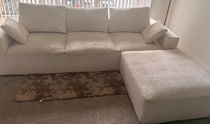 Cream Corduroy Sectional Sofa with ottoman