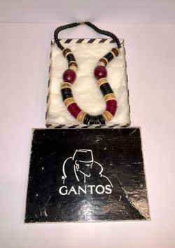 Vintage Gantos Statement Necklace Black Red Wood Bead Chunky Retro Jewelry