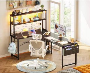 L Shaped Desk Gaming Desk with LED Light & Power Outlet, 61 Inch
