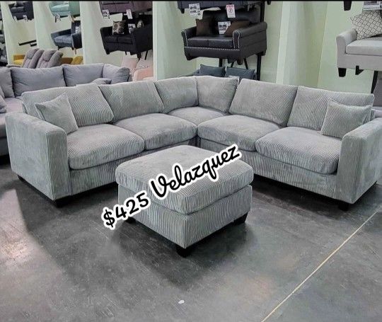 ✅️✅️ 4pc for grey corduroy fabric upholstered sectional sofa with ottoman ✅️✅️
